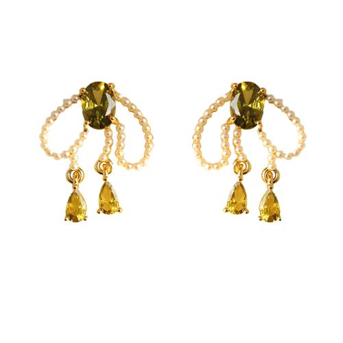 Brass Stud Earring with Glass & Plastic Pearl Bowknot plated for woman gold Sold By Pair