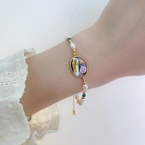 Pulseras de latón, metal, con Perlas cultivadas de agua dulce & Cristal, con 5CM extender cadena, chapado, para mujer & esmalte, dorado, longitud aproximado 16 cm, Vendido por UD