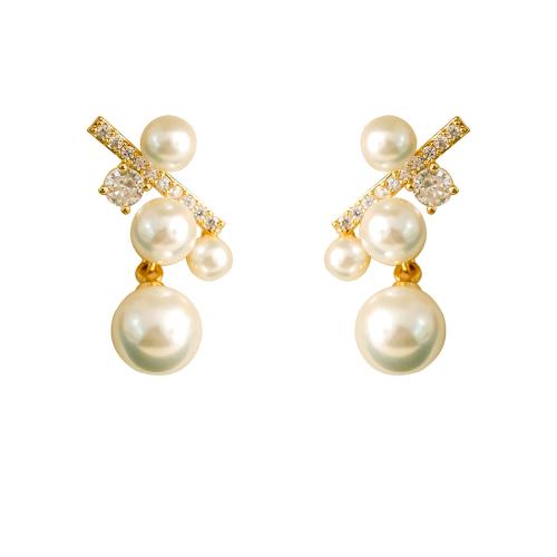 Cubic Zirconia Micro Pave Brass Earring with Glass Pearl plated micro pave cubic zirconia & for woman gold Sold By Pair