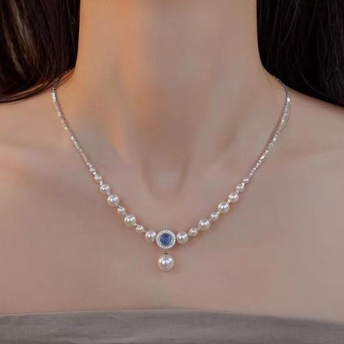 Collier en laiton, avec aigue-marine & perle de verre, avec 5CM chaînes de rallonge, Placage, pour femme, argent, Longueur Environ 43 cm, Vendu par PC