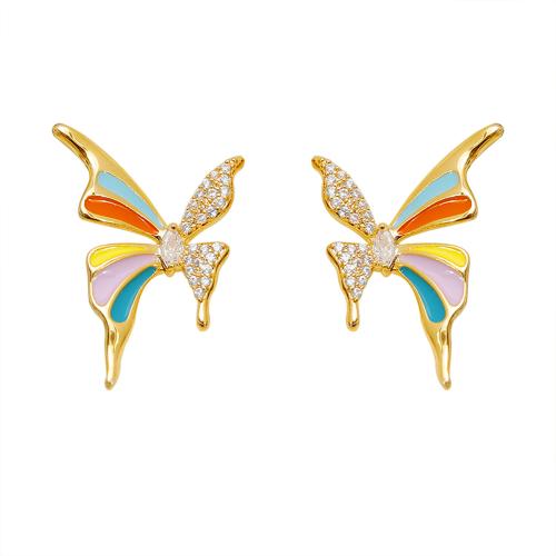 Cubic Zirconia Micro Pave Brass Earring Butterfly plated micro pave cubic zirconia & for woman & enamel gold Sold By Pair