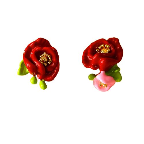 Brass Stud Earring Rose plated for woman & enamel red 23mm Sold By Pair