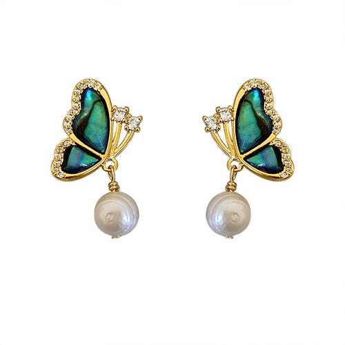 Ciúbach Zirconia Micrimhilseogra réiteodh Earring Prás, le Shell & Pearl Fionnuisce, Féileacán, plátáilte, micrea réiteach zirconia ciúbach & do bhean, óir, 24x12mm, Díolta De réir Péire