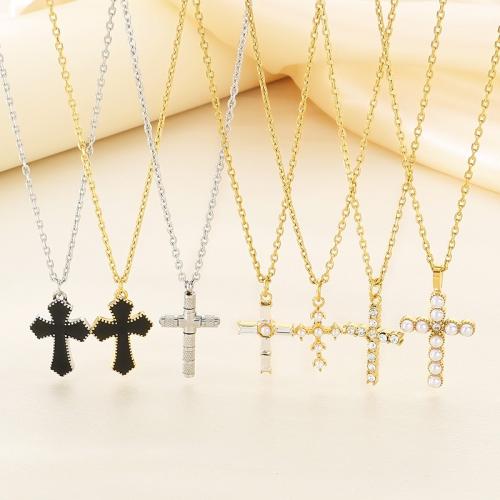 Stainless Steel Jewelry Necklace 304 Stainless Steel with Plastic Pearl Cross Vacuum Ion Plating & micro pave cubic zirconia & for woman & enamel Sold By PC