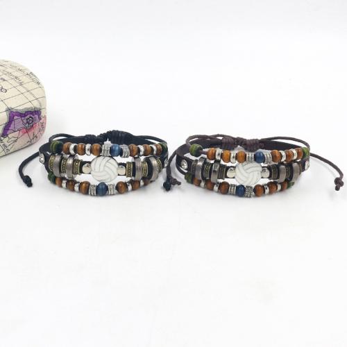 alliage de zinc bracelet, avec cuir de peau de vache & corde de cire & bois, Volley-ball, multicouche & style folk & unisexe, plus de couleurs à choisir, Longueur Environ 18.5 cm, Vendu par PC