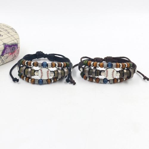 Zinc Alloy Bracelet with Cowhide & Wax Cord & Wood Baseball multilayer & folk style & Unisex Length Approx 18.5 cm Sold By PC