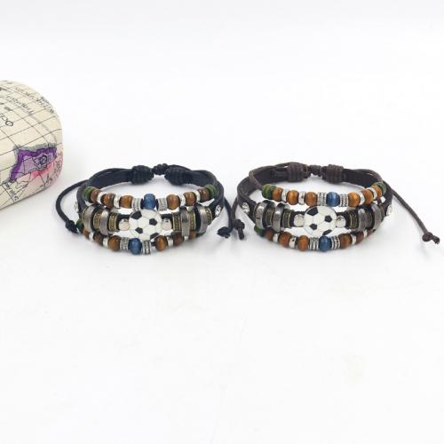 Zinc Alloy Bracelet with Cowhide & Wax Cord & Wood Football multilayer & folk style & Unisex Length Approx 18.5 cm Sold By PC