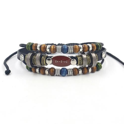 Zinc Alloy Bracelet with Cowhide & Wax Cord & Wood Rugby Ball multilayer & folk style & Unisex Length Approx 18.5 cm Sold By PC