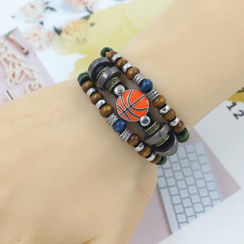 Zinc Alloy Armband, met Koeienhuid & Wax & Hout, basketbal, plated, multilayer & punk stijl & uniseks & glazuur, meer kleuren voor de keuze, Lengte Ca 18.5 cm, Verkocht door PC