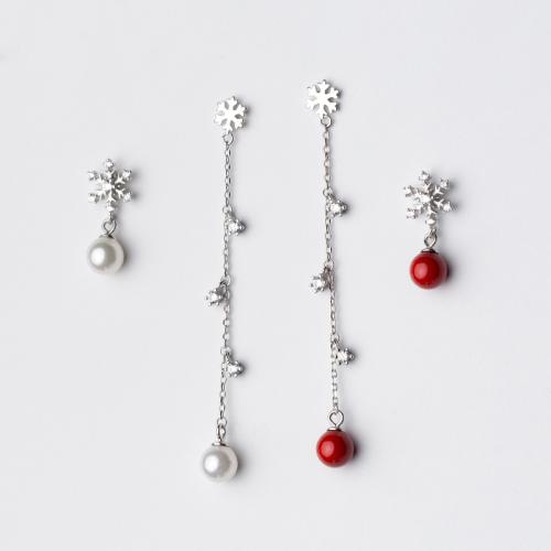 925 de prata esterlina Brincos assimétricos, with Shell Pearl, Floco de neve, Jóias de Natal & para mulher & com strass, Mais cores pare escolha, earring length 19-63mm, vendido por par