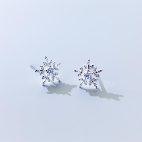 925 Sterling Silver Stud Earring Snowflake Christmas jewelry & for woman & with rhinestone 9mm Sold By Pair