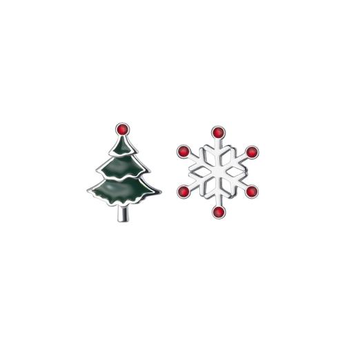 925 Sterling Silver Asymmetric Stud Earrings Snowflake Christmas jewelry & for woman & enamel Sold By Pair