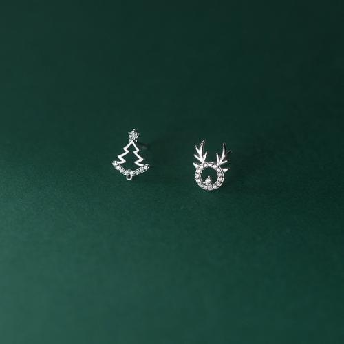 925 Sterling Silver Asymmetric Stud Earrings Christmas Tree Christmas jewelry & for woman & with rhinestone & hollow Sold By Pair