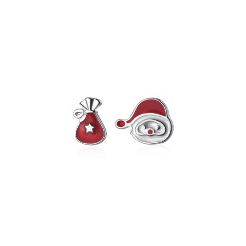 925 Sterling Silver Asymmetric Stud Earrings Santa Claus Christmas jewelry & for woman & enamel Sold By Pair