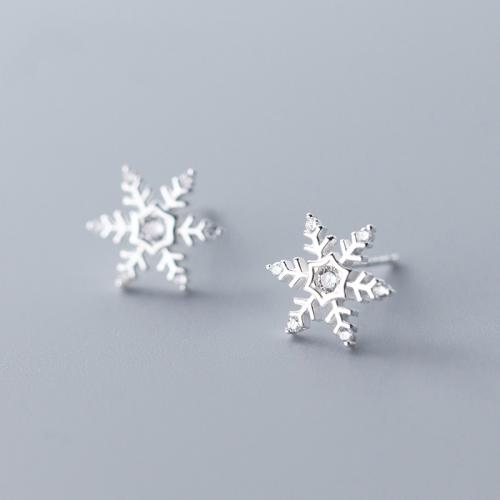 925 Sterling Silver Stud Earring Snowflake Christmas jewelry & for woman & with rhinestone Sold By Pair