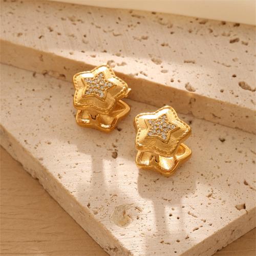 Titanium Steel  Earring Star 18K gold plated fashion jewelry & for woman & with rhinestone golden Sold By Pair