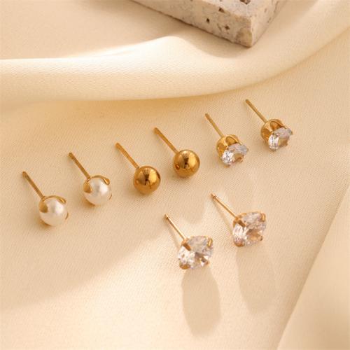 Titanium Staal Earring, met Plastic Pearl, 18K verguld, mode sieraden & verschillende stijlen voor de keuze & voor vrouw & met strass, gouden, Verkocht door pair