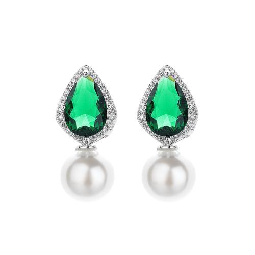 Cubic Zirconia Micro Pave Brass Earring with Plastic Pearl fashion jewelry & micro pave cubic zirconia & for woman green Sold By Pair