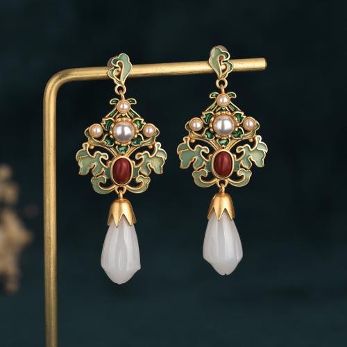 Brass Stud Earring with Jade & Plastic Pearl fashion jewelry & for woman 52mm Sold By Pair