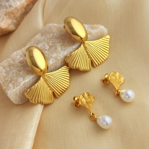 Stainless Steel Drop Earring 304 Stainless Steel with Plastic Pearl Ginkgo Leaf fashion jewelry & for woman golden Sold By Pair