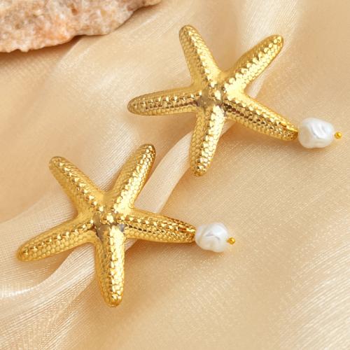 Roestvrij staal Stud Earrings, 304 roestvrij staal, met Plastic Pearl, Zeester, mode sieraden & voor vrouw, gouden, 59x50mm, Verkocht door pair