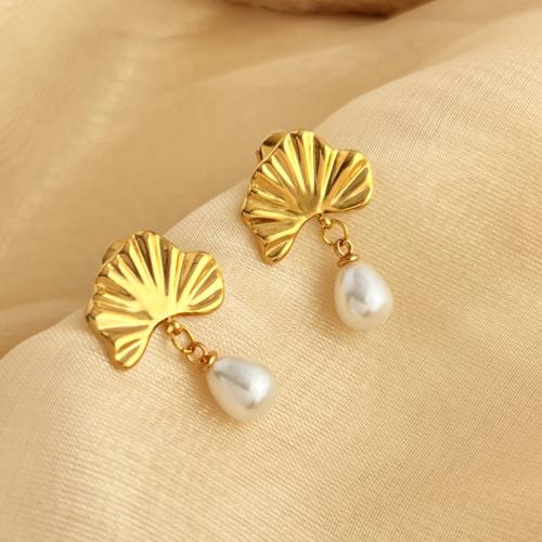 Stainless Steel Drop Earring 304 Stainless Steel with Plastic Pearl Ginkgo Leaf fashion jewelry & for woman golden Sold By Pair