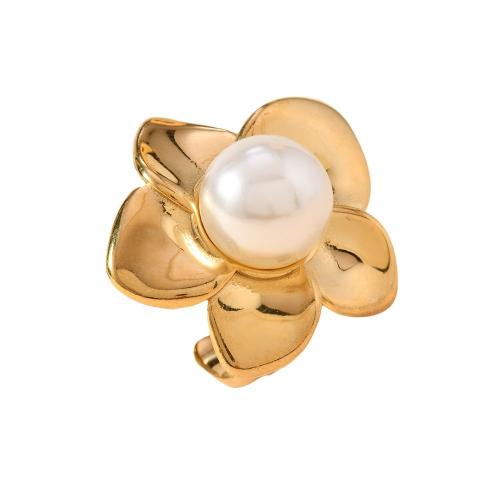 Vinger Ring in edelstaal, 304 roestvrij staal, met Plastic Pearl, Bloem, mode sieraden & voor vrouw, gouden, Verkocht door PC