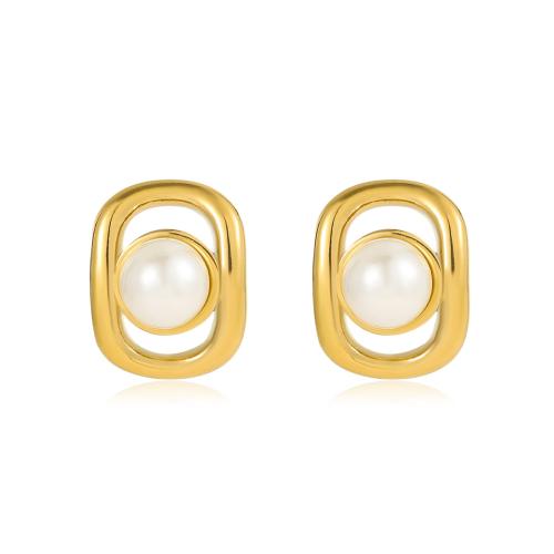 Roestvrij staal Stud Earrings, 304 roestvrij staal, met Plastic Pearl, mode sieraden & voor vrouw, gouden, 17.30x22mm, Verkocht door pair