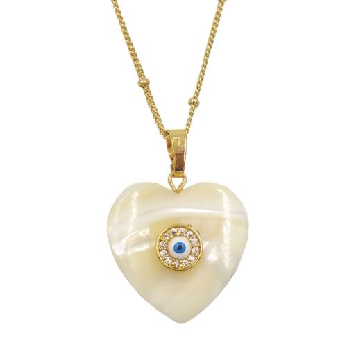 Brass Necklace with Shell with 2 Inch extender chain Heart gold color plated fashion jewelry & micro pave cubic zirconia & for woman nickel lead & cadmium free Length Approx 18 Inch Sold By PC