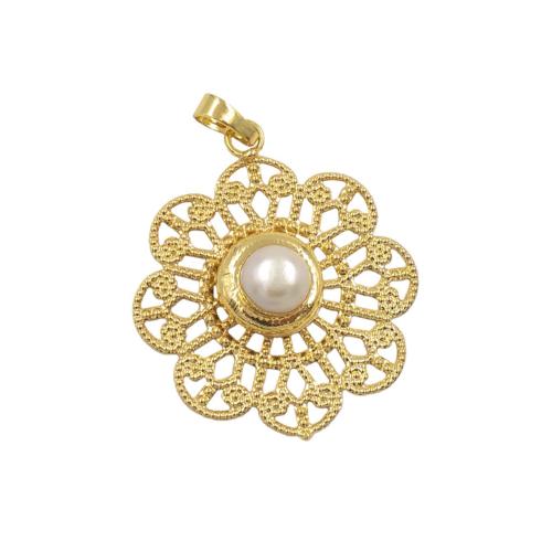 Brass Jewelry Pendants with Freshwater Pearl Flower gold color plated DIY & hollow nickel lead & cadmium free Sold By PC