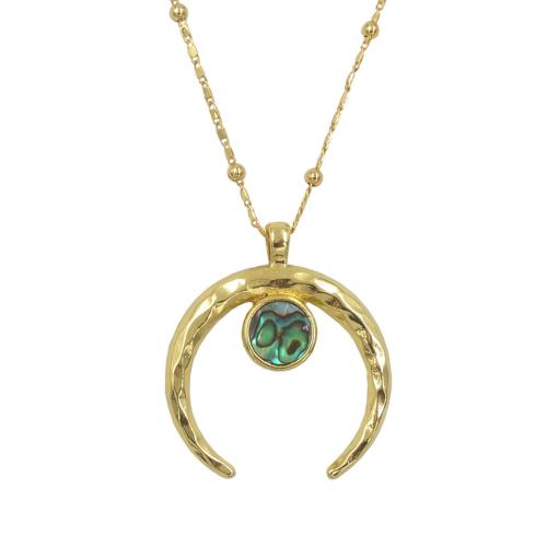 Collier en laiton, avec coquille d'ormeau, avec 2 Inch chaînes de rallonge, lune, Placage de couleur d'or, bijoux de mode & pour femme, protéger l'environnement, sans nickel, plomb et cadmium, 43x49mm, Longueur Environ 18 pouce, Vendu par PC