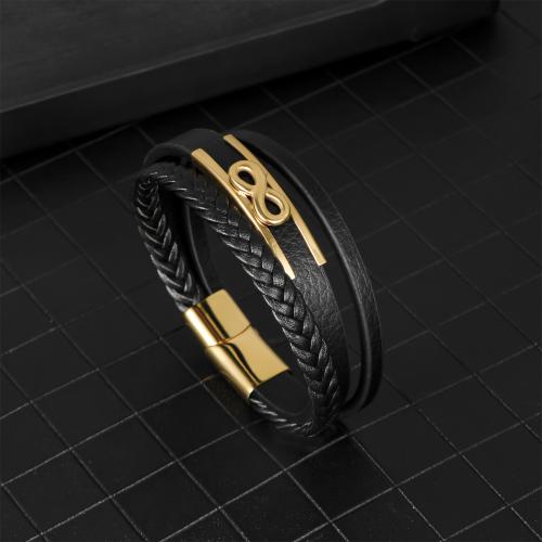 Pulseras de Cordón de PU, acero inoxidable 304, con Cuero de PU, chapado en color dorado, para hombre, Negro, longitud 21 cm, Vendido por UD