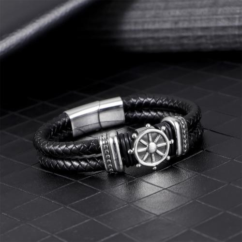 PU Leather Cord Bracelets 304 Stainless Steel with Magnet & PU Leather Ship Wheel silver color plated for man black Length 21 cm Sold By PC