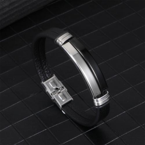 PU Leather Cord Bracelets 304 Stainless Steel with PU Leather silver color plated for man Sold By PC