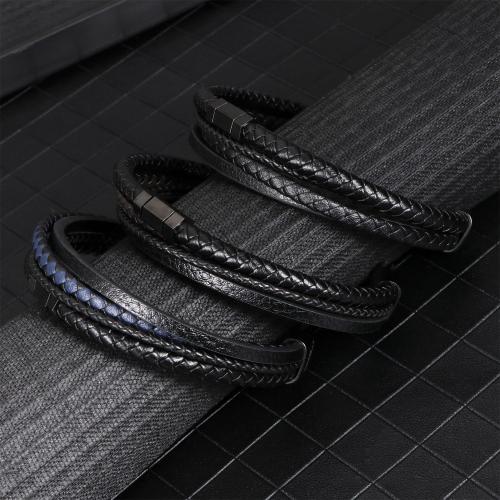 PU Leather Cord Bracelets 304 Stainless Steel with PU Leather plated multilayer & for man Length 21 cm Sold By PC