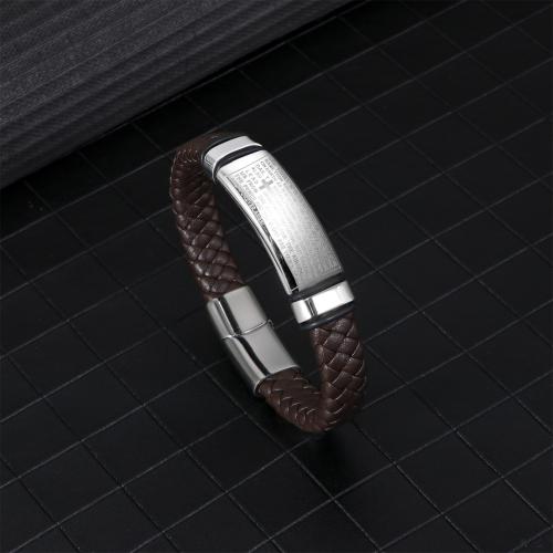 PU Leather Cord Bracelets 304 Stainless Steel with PU Leather silver color plated for man brown Length 21 cm Sold By PC