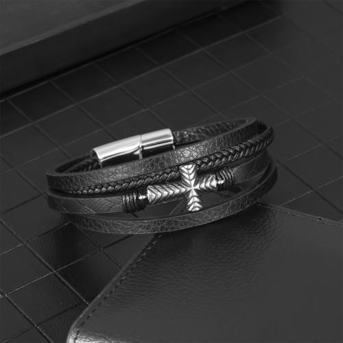 Bracelets cordon PU, Acier inoxydable 304, avec cuir PU, Placage de couleur argentée, multicouche & pour homme, noire, Vendu par PC