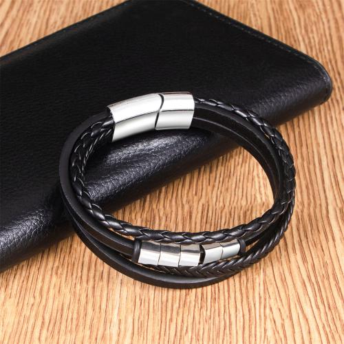 PU Leather Cord Bracelets Zinc Alloy with Magnet & PU Leather silver color plated multilayer & for man black nickel lead & cadmium free Length 21 cm Sold By PC