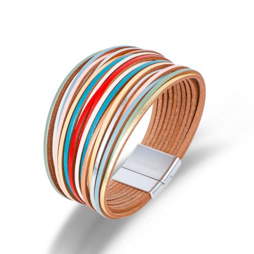 PU Leather Cord Bracelets 304 Stainless Steel with Magnet & PU Leather silver color plated multilayer & for woman multi-colored nickel lead & cadmium free Length 19.5 cm Sold By PC