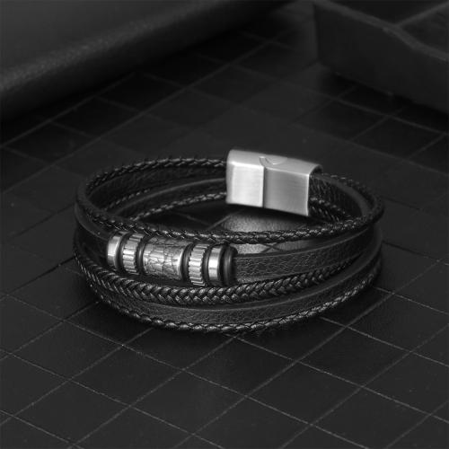 PU Leather Cord Bracelets 304 Stainless Steel with PU Leather silver color plated multilayer & for man black nickel lead & cadmium free Length 21 cm Sold By PC