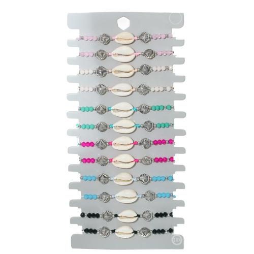 Bracelet bijoux coquillage, alliage de zinc, avec Cordon de noeud & Seedbead & coquille, Placage de couleur argentée, Réglable & pour femme, multicolore, protéger l'environnement, sans nickel, plomb et cadmium, Longueur 29 cm, 12PC/fixé, Vendu par fixé