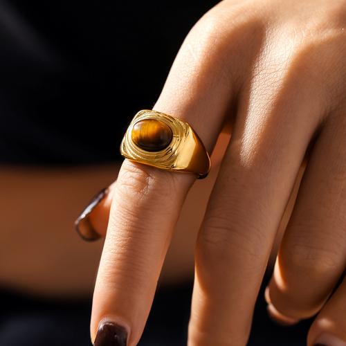 Vinger Ring in edelstaal, 304 roestvrij staal, met Tiger Eye, plated, voor vrouw, meer kleuren voor de keuze, Verkocht door PC