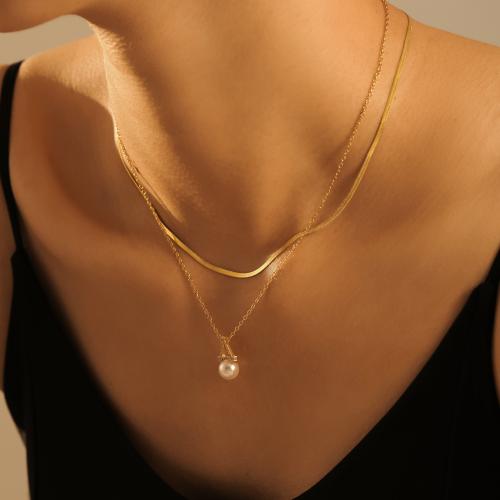 Stainless Steel Jewelry Necklace 304 Stainless Steel with Shell Pearl plated & for woman & with rhinestone Sold By PC