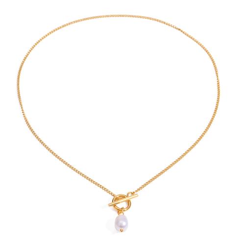 Stainless Steel Jewelry Necklace 304 Stainless Steel with Plastic Pearl 18K gold plated fashion jewelry & for woman Length 16.5 Inch Sold By PC