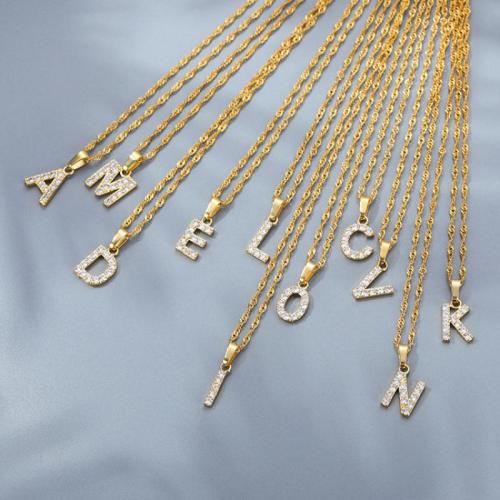 KubikZircon Mikro pflastern Messinghalsketten, Messing, mit Verlängerungskettchen von 5cm, Alphabet-Buchstabe, plattiert, Modeschmuck & Micro pave Zirkonia & für Frau, goldfarben, Länge 40 cm, verkauft von PC