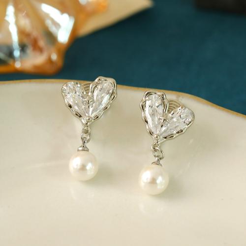 Cubic Zirconia Micro Pave Brass Earring with Glass Pearl Heart plated micro pave cubic zirconia & for woman platinum color Sold By Pair