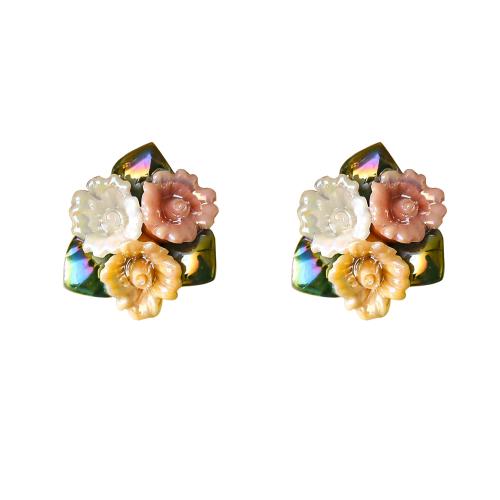 Brass Earring Clip with Acrylic petals plated for woman multi-colored Sold By Pair