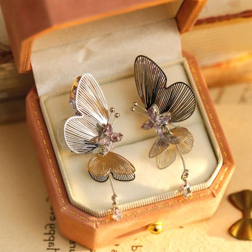 Cubic Zirconia Micro Pave Brass Earring Butterfly plated micro pave cubic zirconia & for woman platinum color Sold By Pair