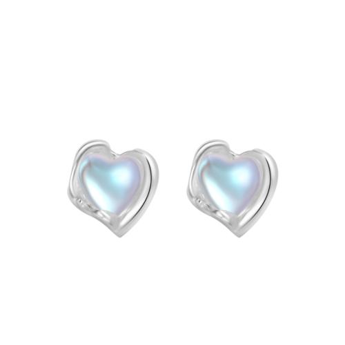 925 Sterling Silver Stud Earrings with Moonstone Heart for woman silver color Sold By Pair