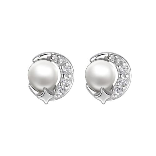 Cubic Zirkonia Micro Pave Sterling Silver Korvakorut, 925 Sterling Silver, kanssa Muovi Pearl, Micro Pave kuutiometriä zirkonia & naiselle, platina väri, 5.30x5mm, Myymät Pair